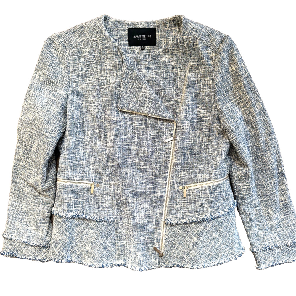 Lafayette 148 Owen Tweed Moto Jacket Sz 8 Blue White Asymmetrical Zip Peplum